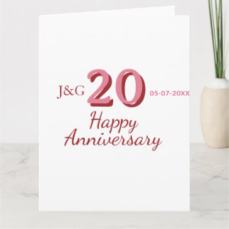 Carte monogramme gras nom date rose 20e anniversaire
