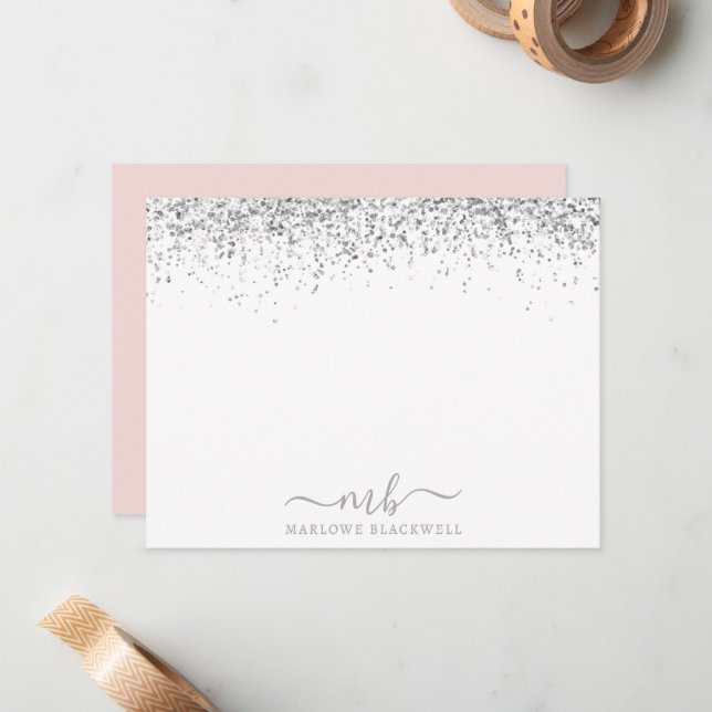 Carte Monogramme Parties scintillant Argent Rose P (Devant/Arrière en situation)