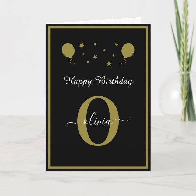 Carte Monogramme Script Bonne Anniversaire Noir Blanc Or (Devant)