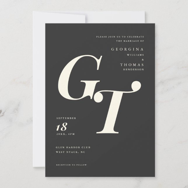 Carte Monogramme sophistiqué | Mariage noir ivoire (Devant)