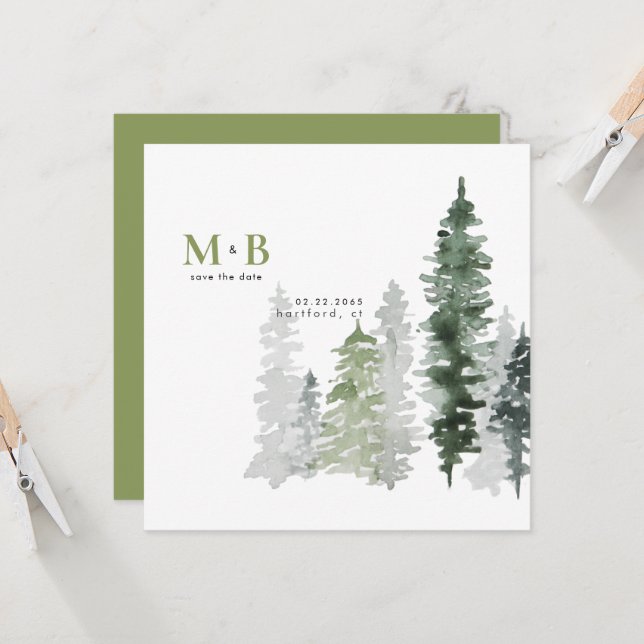 Carte Monogramme vert de mousse de bois Enregistrer la d (Devant/Arrière en situation)