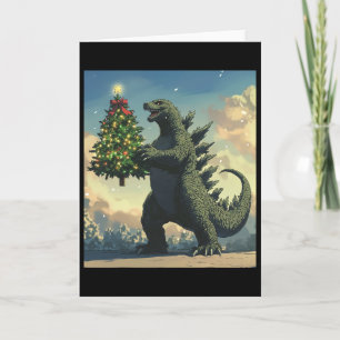 Carte Monstre japonais Kaiju portant un sapin de Noël 