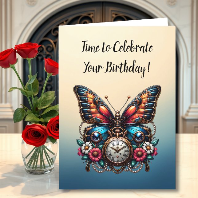 Carte Montre de poche papillon et fleurs Anniversaire (Créateur téléchargé)