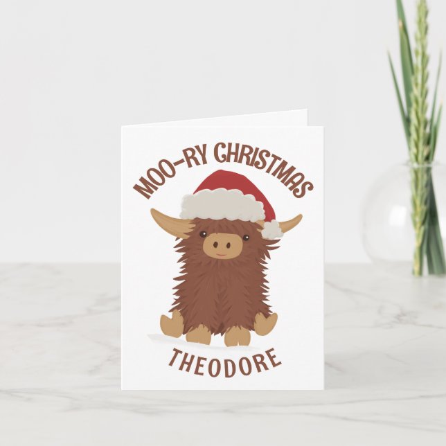 Carte Moo-ry Noël mignon shaggy Vache Highland Custom (Devant)