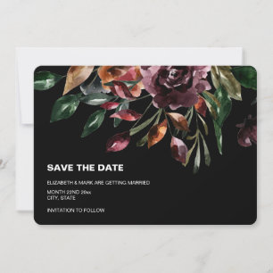 Carte Moody Watercolor Florals Black Enregistrer la date