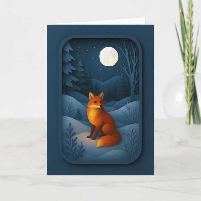 Carte Moonlit Fox in Snowy Forest Card (Devant)