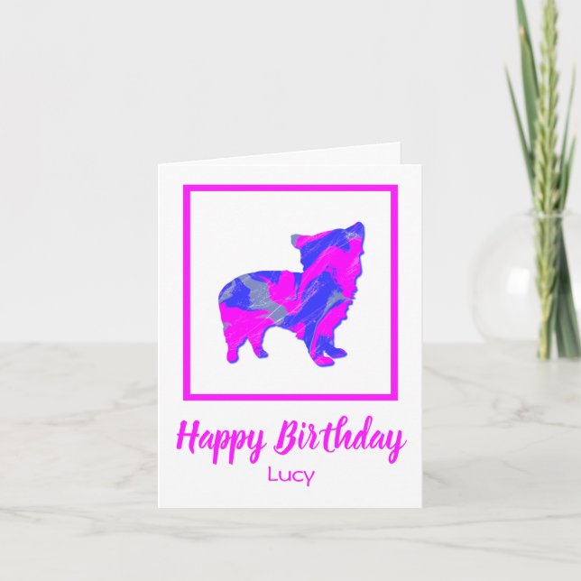 Carte Morkie rose et bleu Silhouette Chien drôle Anniver (Devant)