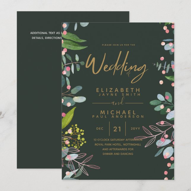 Carte Moss Green Rose Gold Wedding Invite (Devant / Derrière)