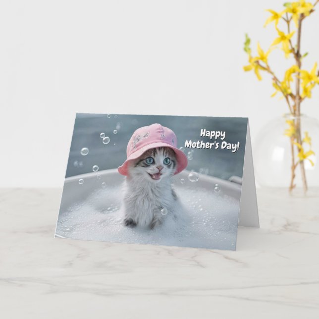 Carte Mothers Day Cute and Fun Cat Bubble Bath (Fleur jaune)