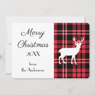 Carte Motif carreau tartan rouge de Noël Cerf blanc