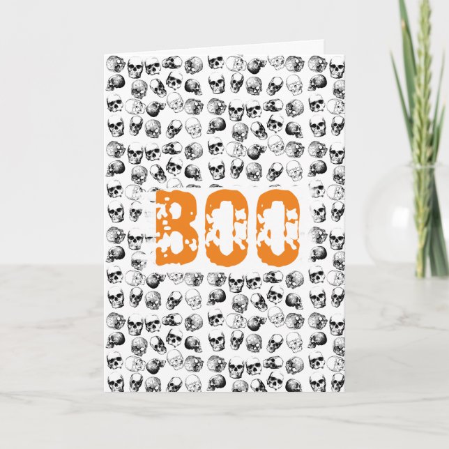 Carte Motif de crâne Éffrayant Orange Boo Halloween (Devant)