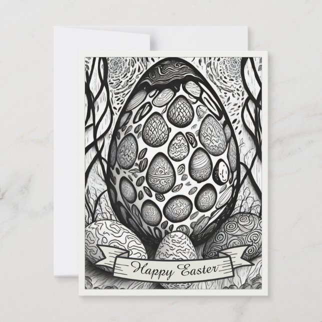 Carte Motif de Pâques b/n dessin animé avec œufs de Pâqu (Devant)
