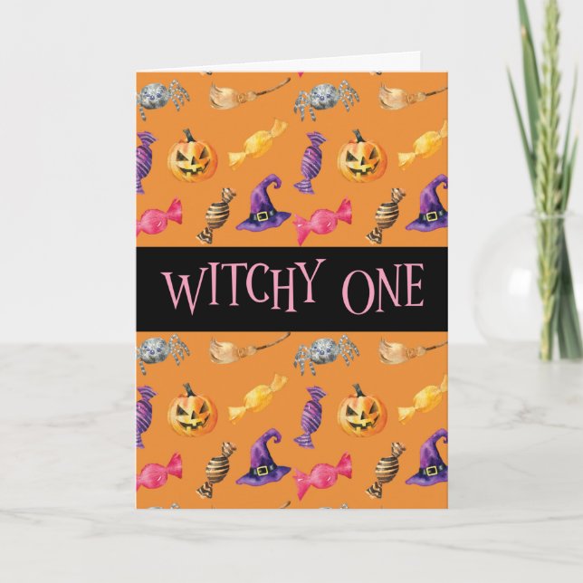 Carte motif d'Halloween orange "Witchy One" (Devant)