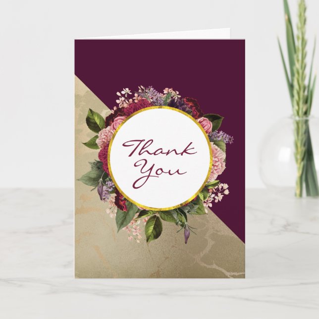 Carte Motif en marbre doré et Merci floral bordeaux (Devant)