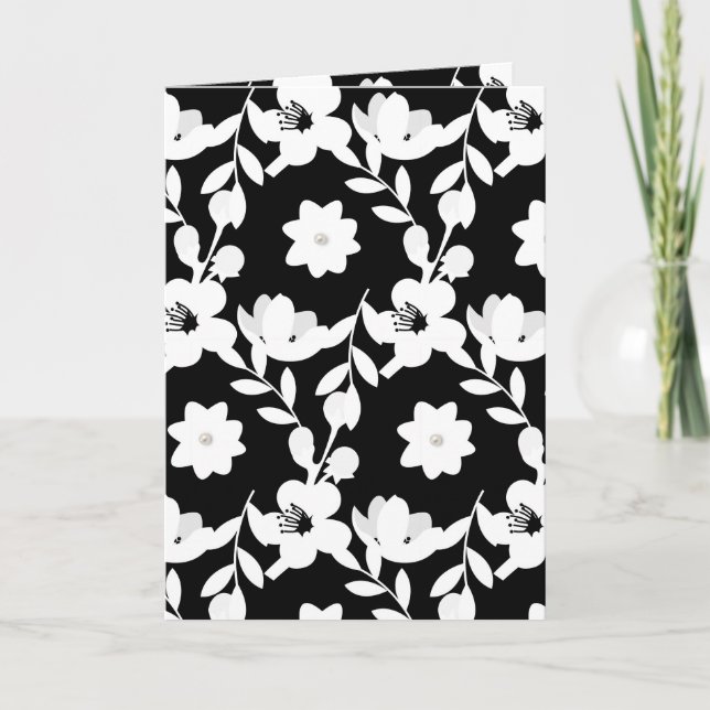 Carte Motif floral noir et blanc avec perles (Devant)