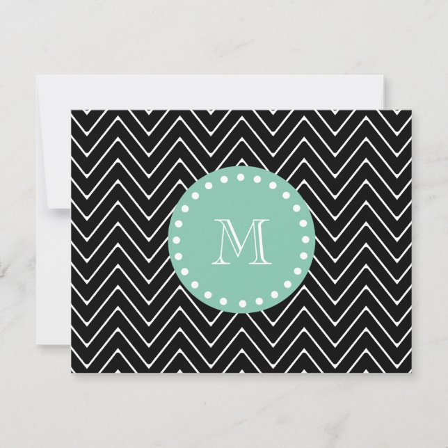 Carte Motif noir Chevron | Monogramme vert à la menthe (Devant)