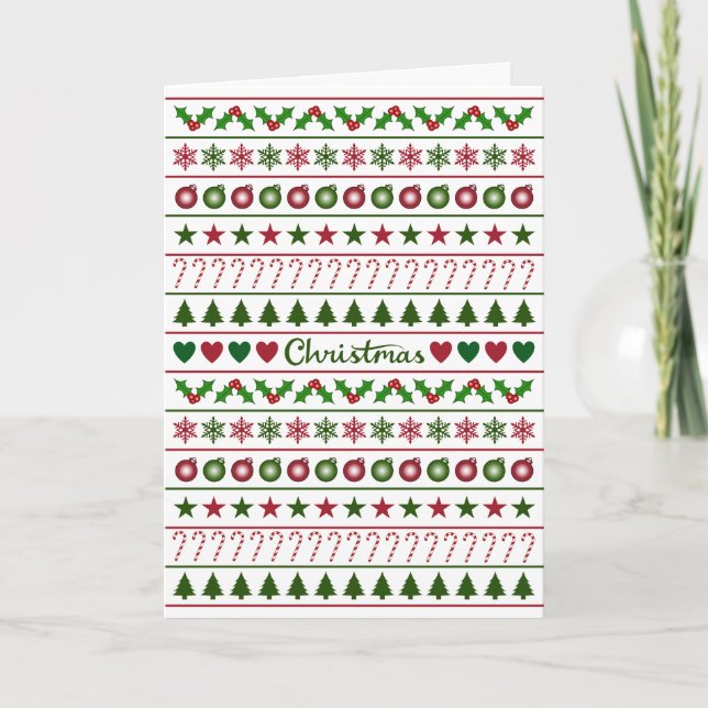 Carte Motifs de Noël Amour sur fond vert blanc rouge (Devant)