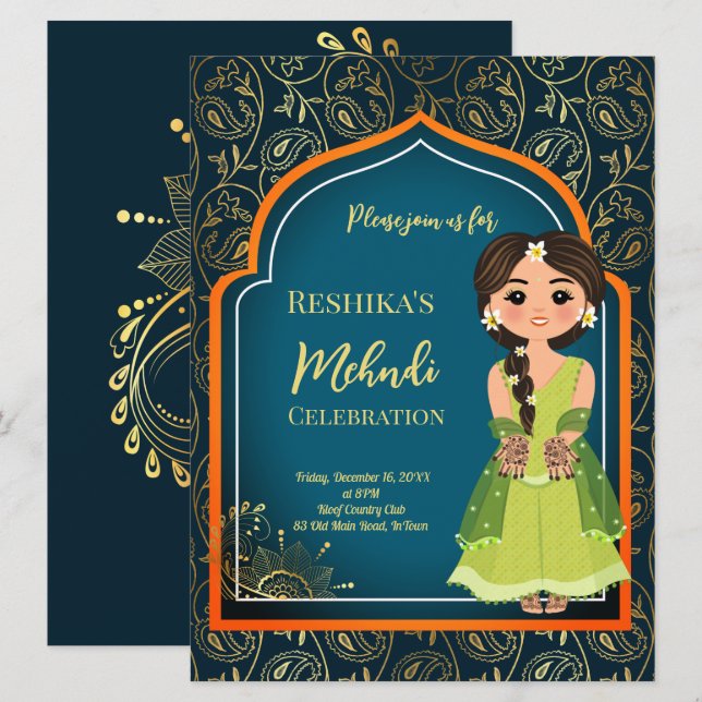 Carte Motifs indiens Mehndi design turquoise vert (Devant / Derrière)