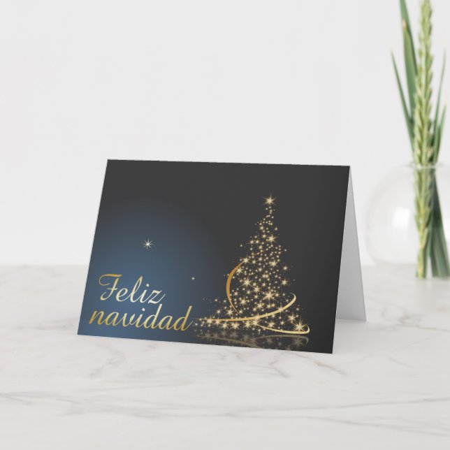 Carte Motivo navideño azul con dorado árbol de navidad. (Devant)