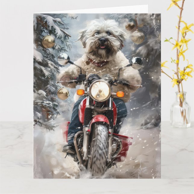 Carte Moto à chiens Havanais Noël (Fleur jaune)