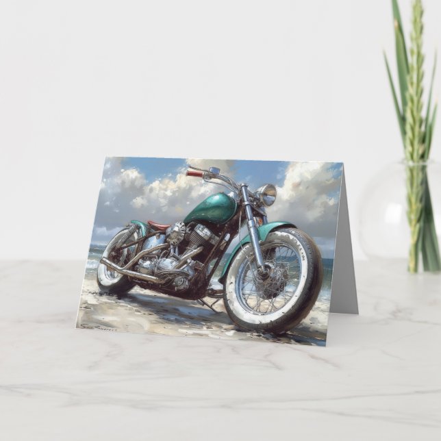 Carte moto Bobber verte - Arrière - plan de plage (Devant)