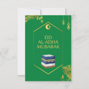 Carte Moubarak de l'Aïd al-Adha en vert et Ka'bah