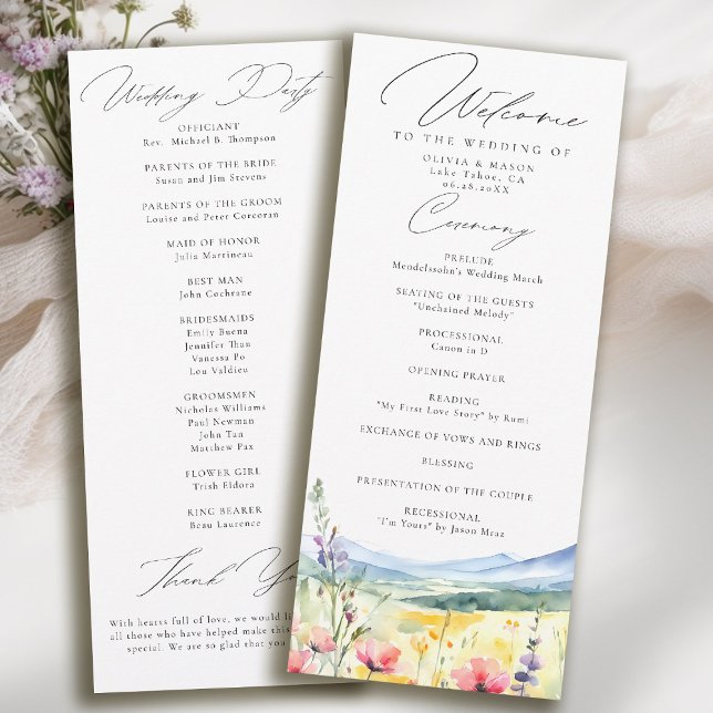 Carte Mountain Wildflowers Meadow Modern Wedding Program (mountain wedding program wildflowers meadow floral watercolor modern calligraphy)