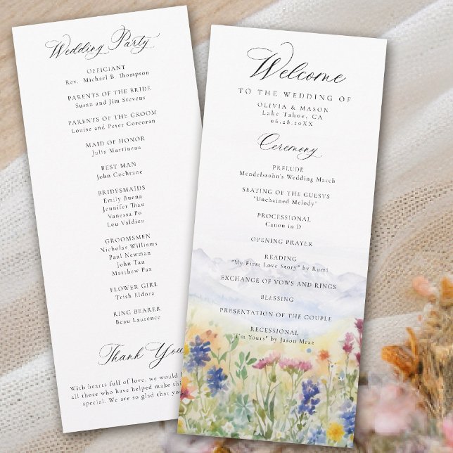 Carte Mountains Wildflowers Meadow Wedding Program (mountains wedding program wildflowers meadow floral watercolor modern elegant rustic romantic)