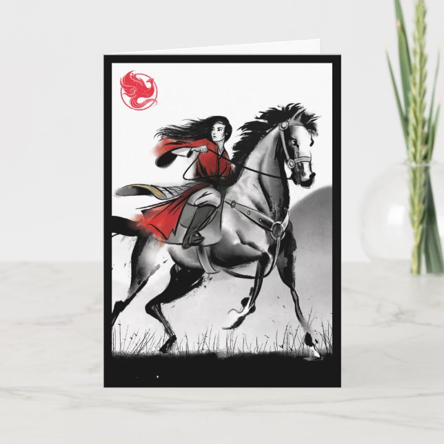 Carte Mulan Riding Vent Noir encadré Aquarelle (Devant)