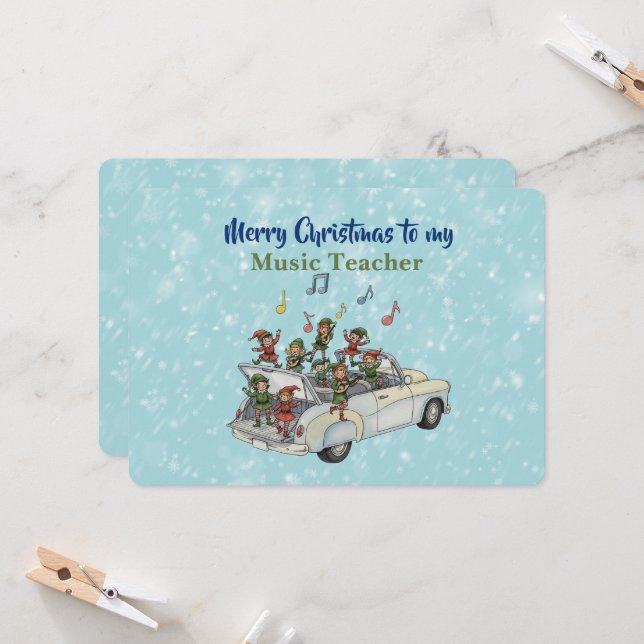 Carte Music Teacher Elf Christmas Card (Devant/Arrière en situation)