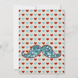 CARTE MUSTACHE BLEUE ET PARTIES SCINTILLANT COEURS ROUGE