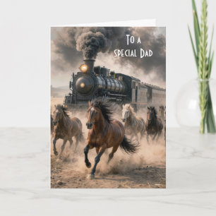 Carte Mustangs sauvages courant le long d'un train vinta