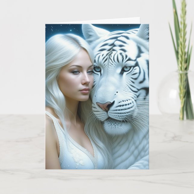 Carte Mystical White Tiger and Woman Magical Birthday (Devant)