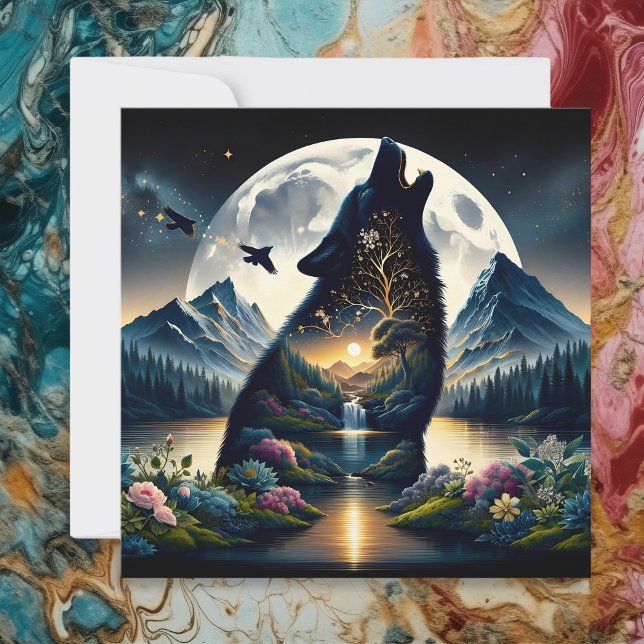 Carte Mystical Wolf Howling at Moon Surreal Ai Art (Créateur téléchargé)