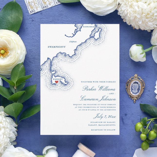Carte Nahant MA Élégant Mariage bleu marine (Nahant MA Map Wedding Invitation for an elegant Navy Blue New England destination wedding)