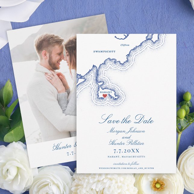 Carte Nahant MA Élégant Mariage bleu marine (Nahant MA Map Save the Date for an Elegant Navy Blue North Shore Wedding  by Coastal Map Designs)