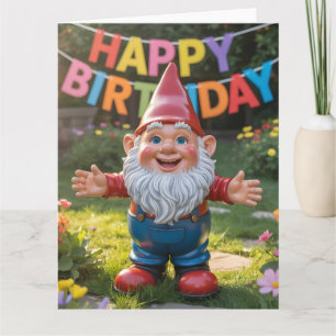 Carte Nain de jardin joyeux avec bannière "Joyeux Annive