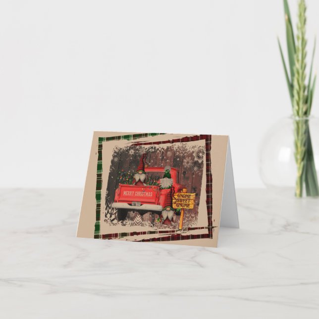 Carte Nain de Noël Doux Nain Camion Rouge Carreaux Rusti (Devant)