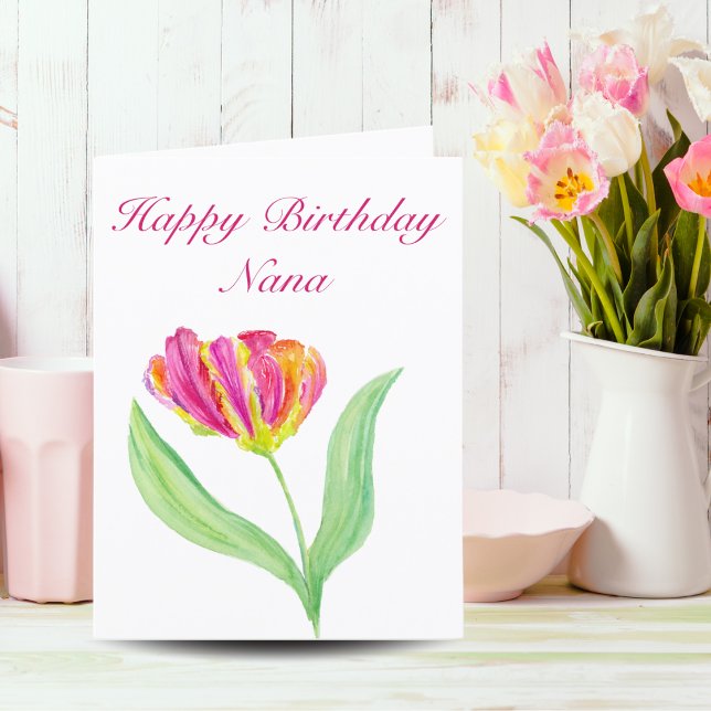 Carte Nana Anniversaire couleur rose chaud (Nana's joy: Tulip beauty in watercolor. A birthday gift she'll treasure.)