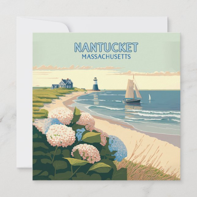 Carte Nantucket Beach Hydrangeas Lighthouse Rétro (Devant)
