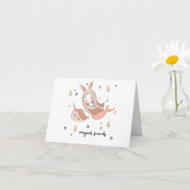 Carte Narwhal n Sirène avec Bunny Oreilles Amis magiques (Petite plante)