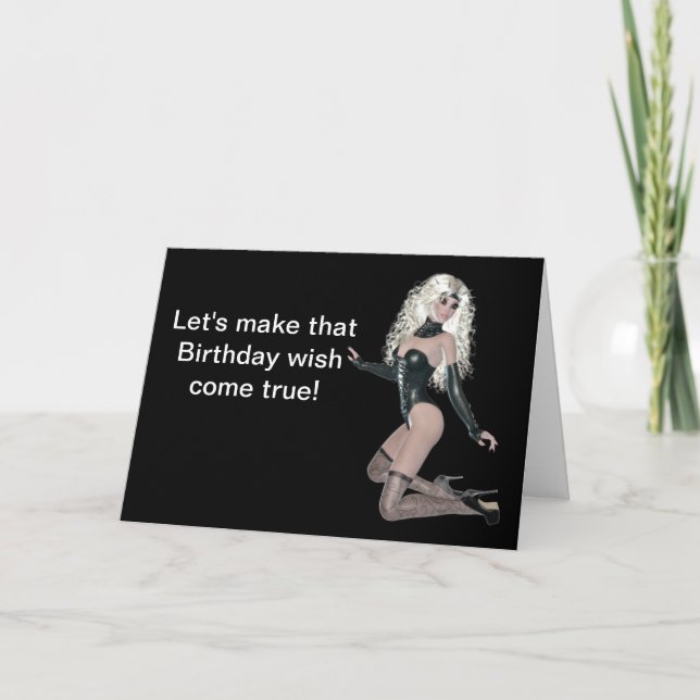 Carte Naughty Joyeux anniversaire avec une femme en cuir (Devant)