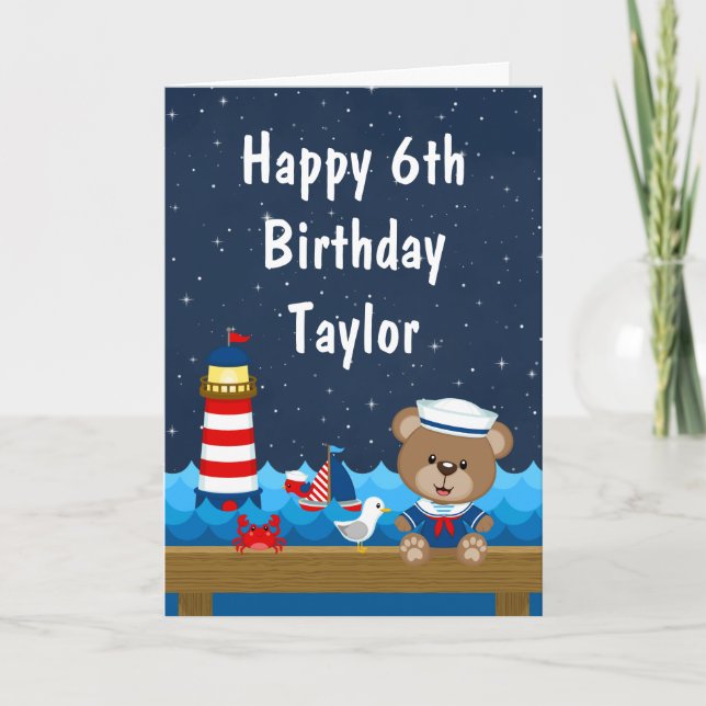 Carte Nautical Boy Bear Rouge et Marine Joyeux anniversa (Devant)