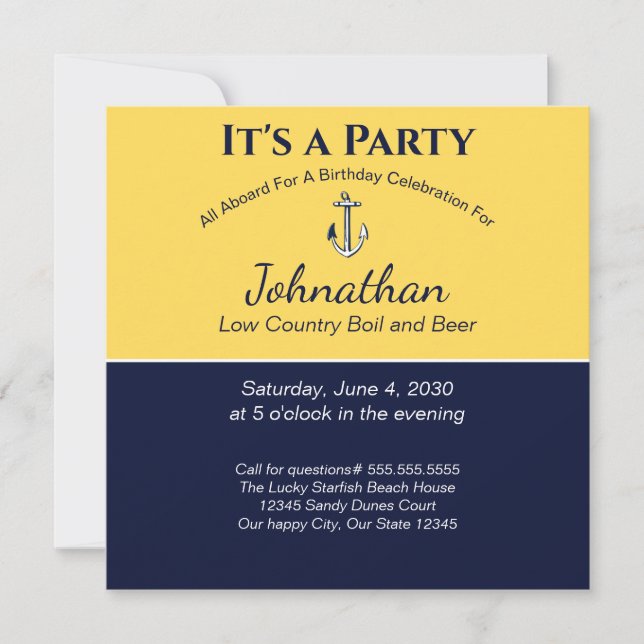 Carte Nautical Navy Bleu Jaune Ancre fête d'anniversaire (Devant)
