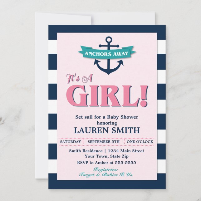 Carte nautique d'invitation de baby shower d'Ancre (Devant)