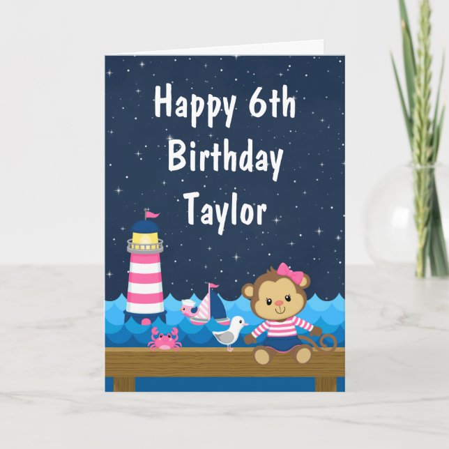 Carte Nautique Singe rose et Marine Joyeux anniversaire (Devant)