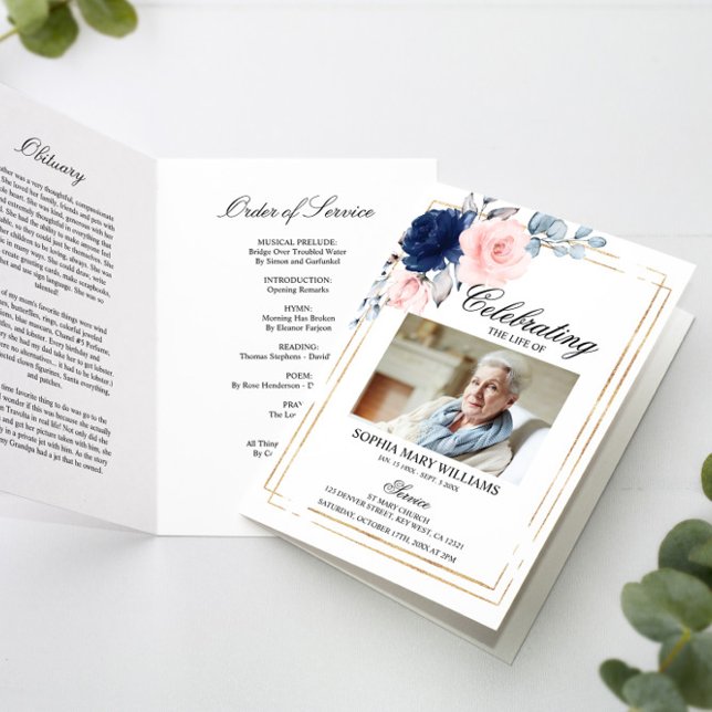 Carte Navy Blue & Blush Photo Memorial Funérailles Progr (Créateur téléchargé)