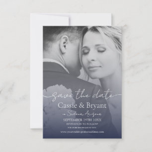 Carte Navy Blue Elegant Full Photo Wedding Enregistrer l