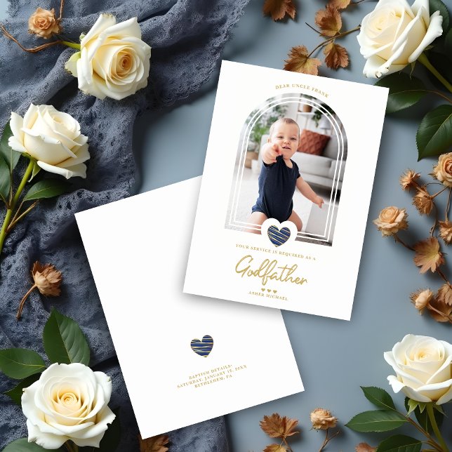 Carte Navy Blue Modern Heart Golden Effect Godfather (Navy Blue Modern Heart Golden Fake Effect Godfather Proposal Cards.)