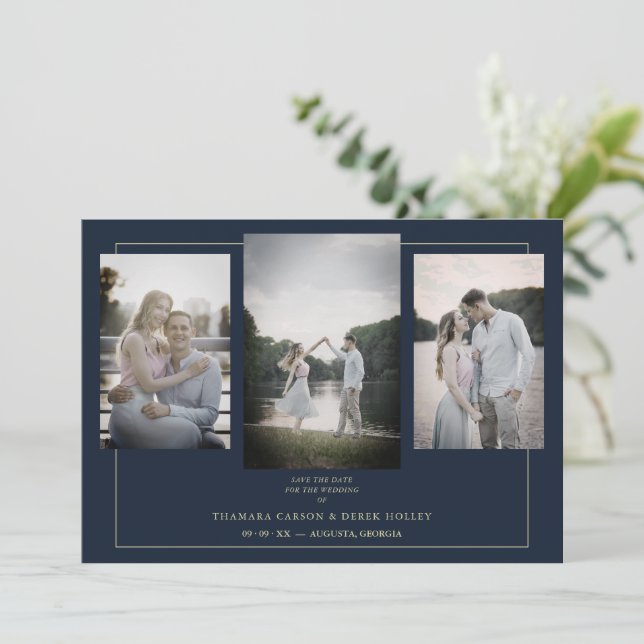 Carte Navy Modern Gold 3 Photos Sophisticated Wedding (Debout devant)